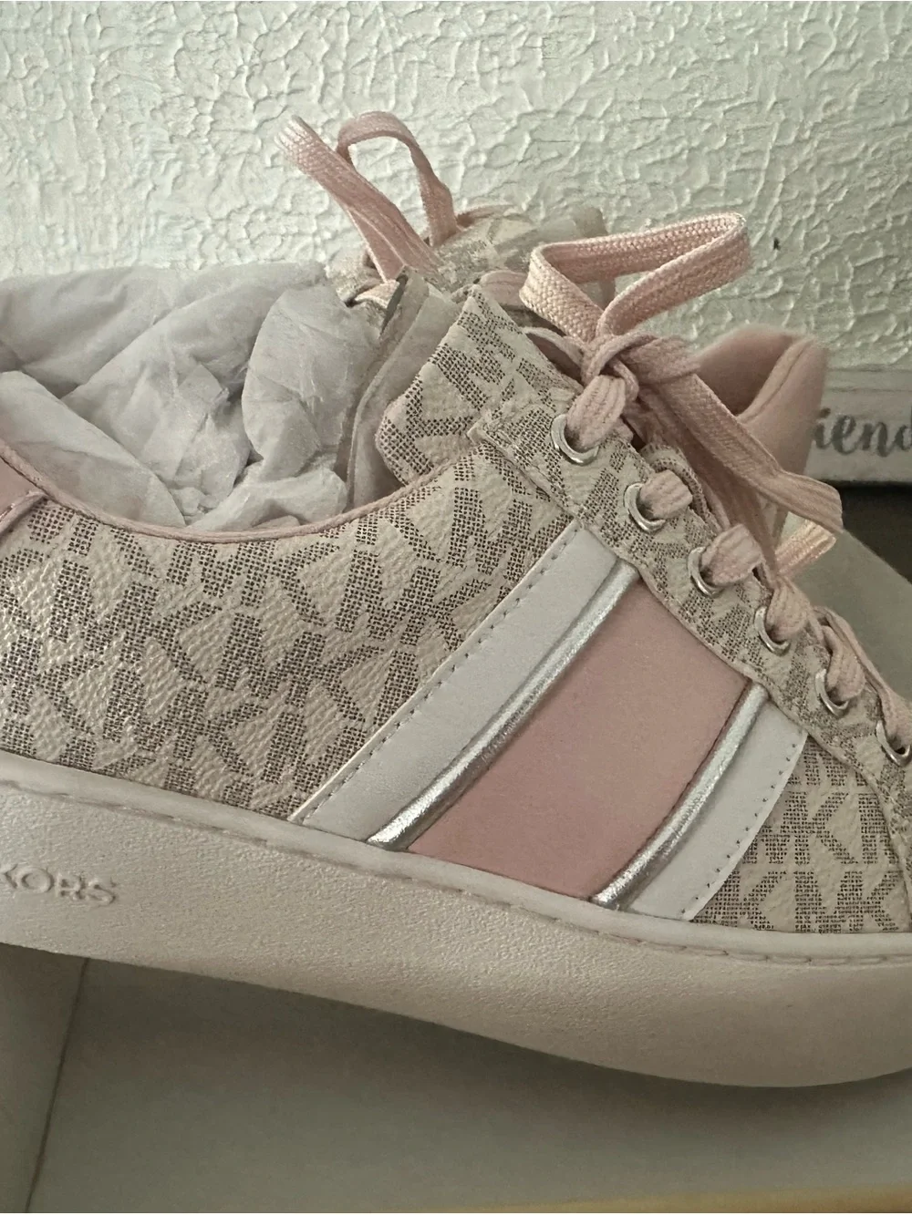 Michael Kors Pink & Beige MK Monogram Platform Sneakers Poppy Stripe Lace up